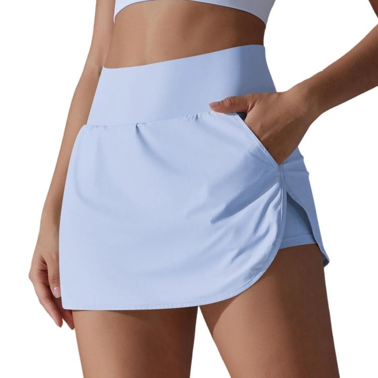 High-Waisted Form-Fitting Two-Piece Style Tennis Skirt With Back Pockets, Size: XL(Dreamy Light Blue)