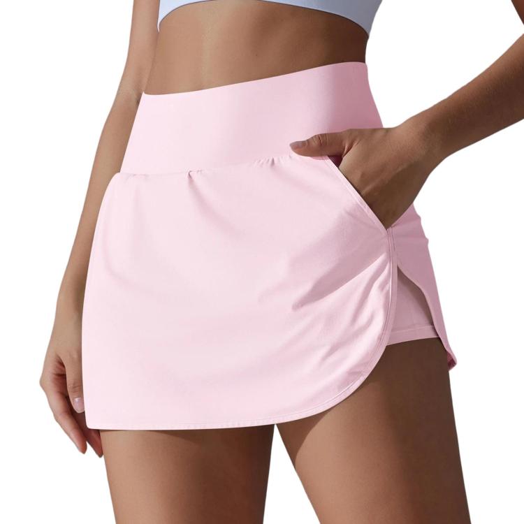 High-Waisted Form-Fitting Two-Piece Style Tennis Skirt With Back Pockets, Size: XL(Rose Pink)