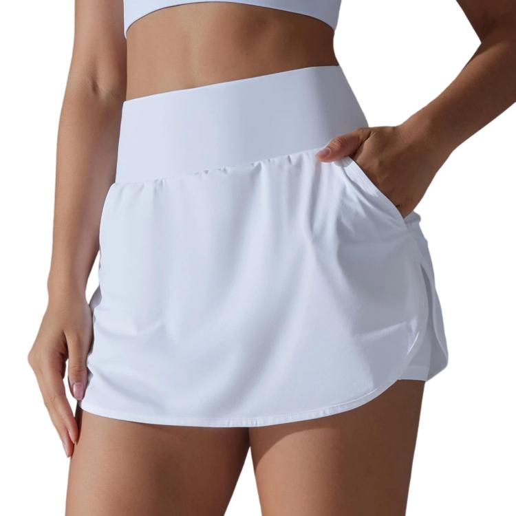 High-Waisted Form-Fitting Two-Piece Style Tennis Skirt With Back Pockets, Size: XL(White)