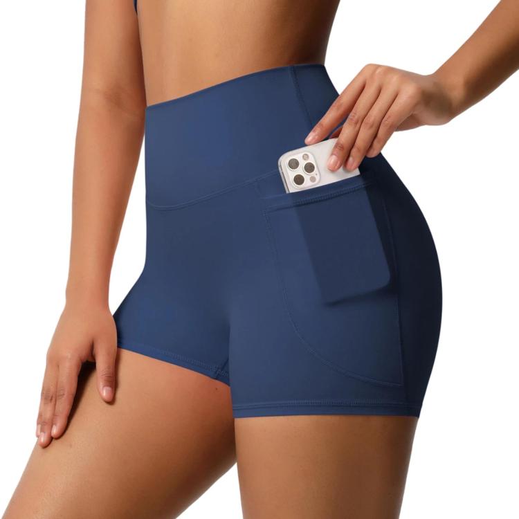 High-waisted Tight-fitting Yoga Shorts Three-quarter Length With Pockets, Size: L(Baguette Blue)