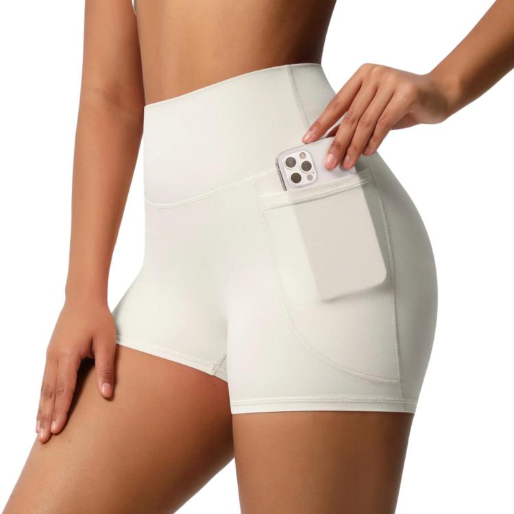 High-waisted Tight-fitting Yoga Shorts Three-quarter Length With Pockets, Size: L(Light Ivory)