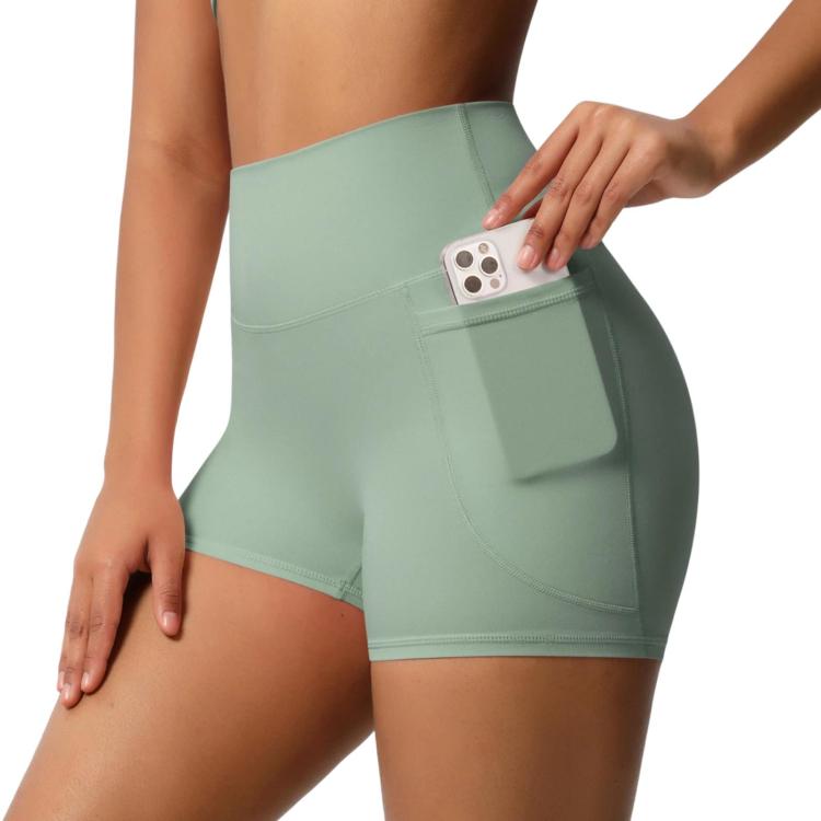 High-waisted Tight-fitting Yoga Shorts Three-quarter Length With Pockets, Size: M(Basil Green)
