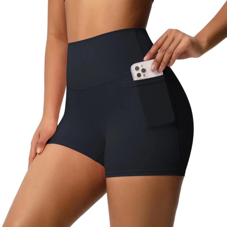 High-waisted Tight-fitting Yoga Shorts Three-quarter Length With Pockets, Size: M(Black)