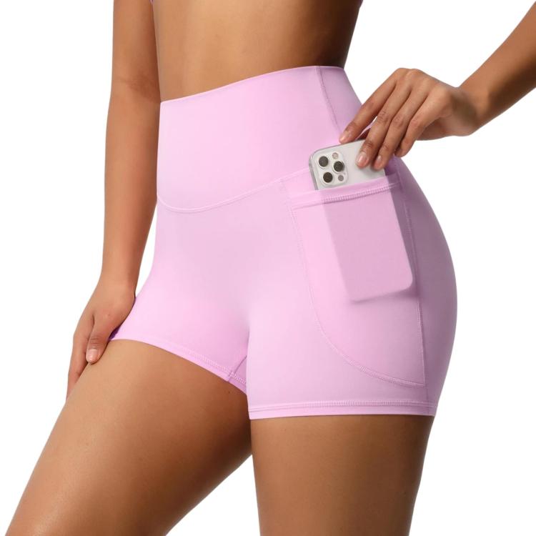 High-waisted Tight-fitting Yoga Shorts Three-quarter Length With Pockets, Size: M(Cherry Blossom Pink)