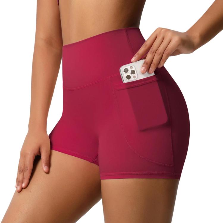 High-waisted Tight-fitting Yoga Shorts Three-quarter Length With Pockets, Size: S(Carmine Red)