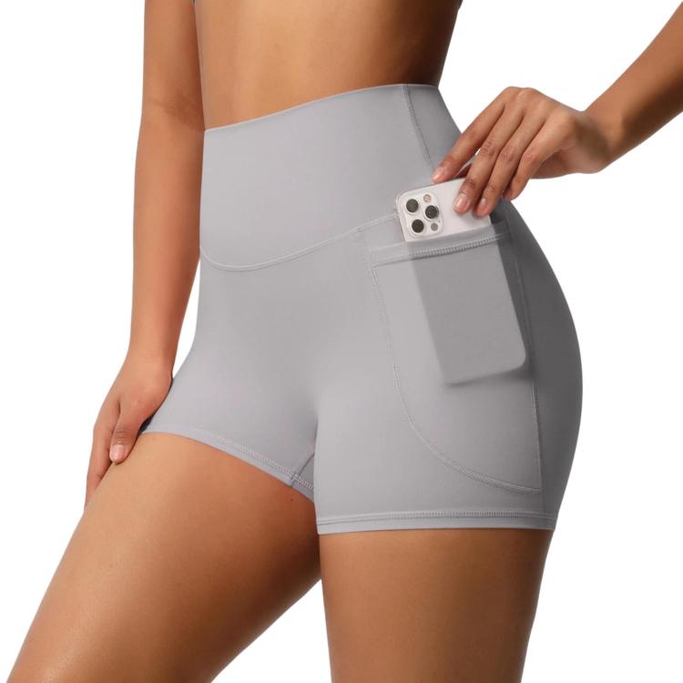 High-waisted Tight-fitting Yoga Shorts Three-quarter Length With Pockets, Size: S(Frost Gray)