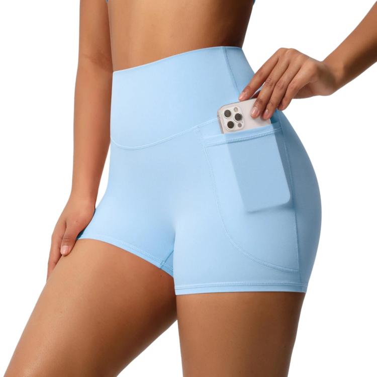 High-waisted Tight-fitting Yoga Shorts Three-quarter Length With Pockets, Size: S(Sky Blue)
