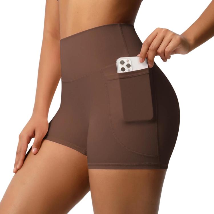 High-waisted Tight-fitting Yoga Shorts Three-quarter Length With Pockets, Size: XL(Chestnut)