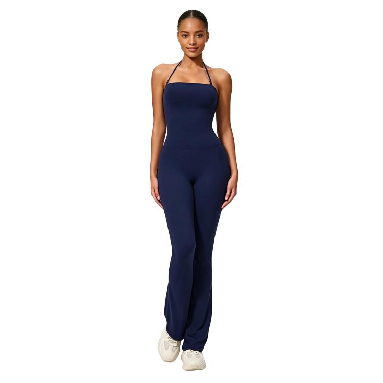 Hip-Lift Halter One-Piece Yoga Jumpsuit, Women Casual Flared Fitness Yoga Outfit, Size: L(Dark Blue)