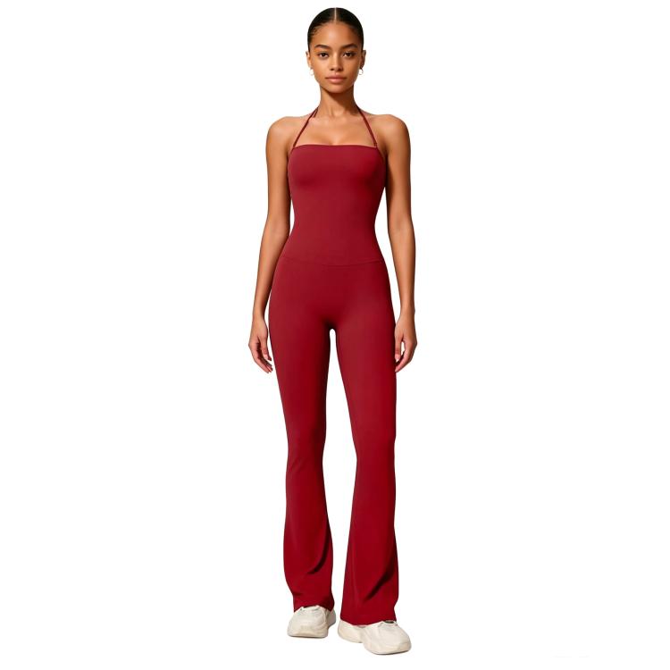 Hip-Lift Halter One-Piece Yoga Jumpsuit, Women Casual Flared Fitness Yoga Outfit, Size: L(Red)