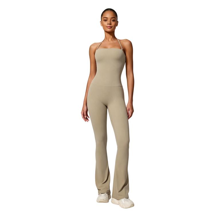 Hip-Lift Halter One-Piece Yoga Jumpsuit, Women Casual Flared Fitness Yoga Outfit, Size: M(Beige)