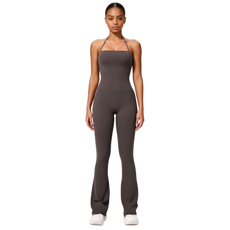 Hip-Lift Halter One-Piece Yoga Jumpsuit, Women Casual Flared Fitness Yoga Outfit, Size: M(Grey)