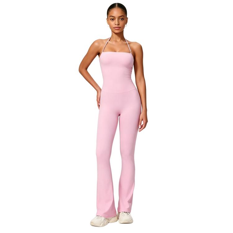 Hip-Lift Halter One-Piece Yoga Jumpsuit, Women Casual Flared Fitness Yoga Outfit, Size: M(Pink)