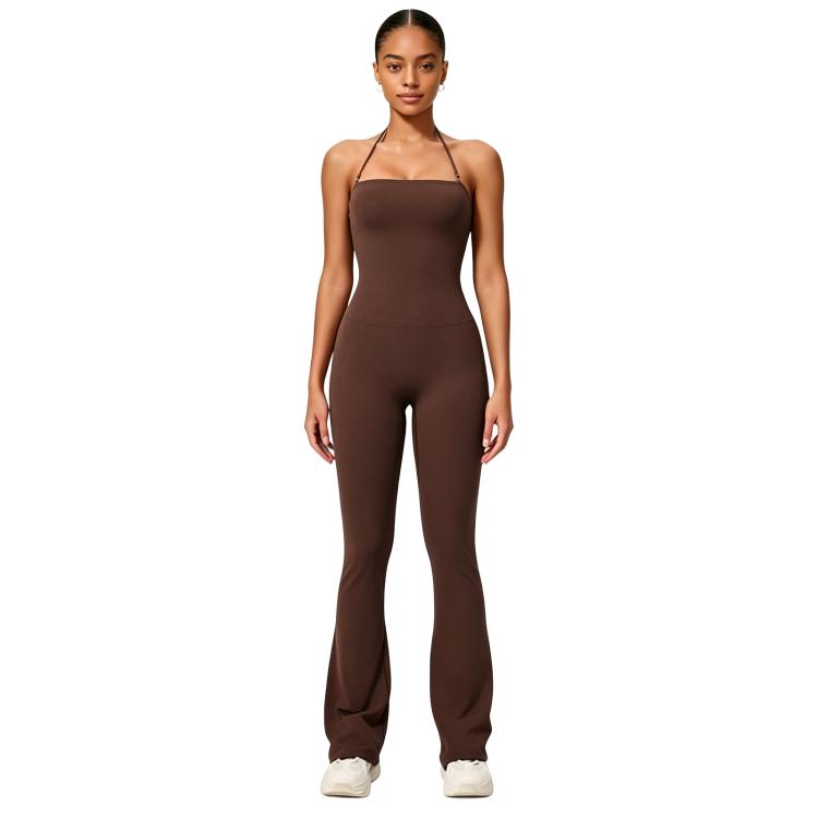 Hip-Lift Halter One-Piece Yoga Jumpsuit, Women Casual Flared Fitness Yoga Outfit, Size: S(Coffee)