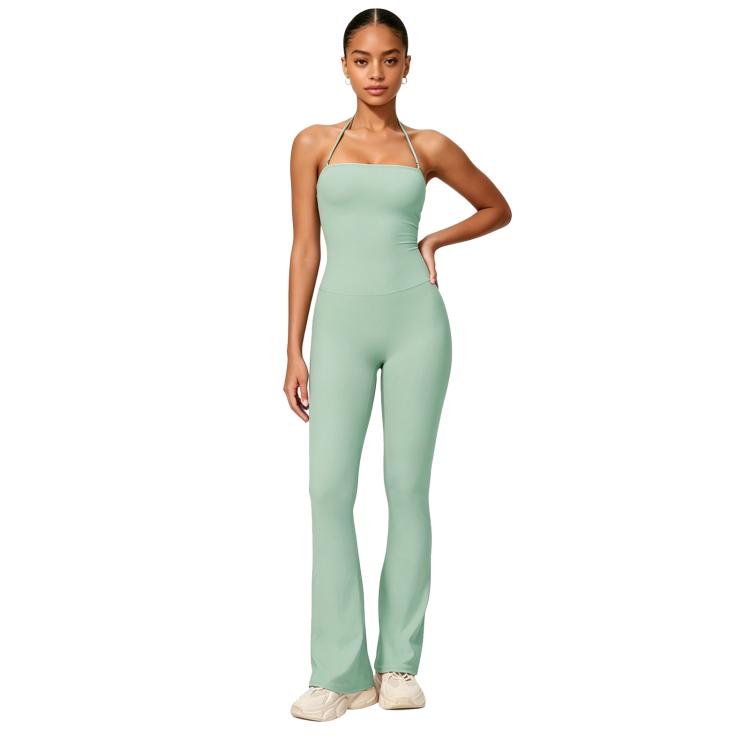 Hip-Lift Halter One-Piece Yoga Jumpsuit, Women Casual Flared Fitness Yoga Outfit, Size: S(Green)