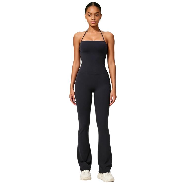 Hip-Lift Halter One-Piece Yoga Jumpsuit, Women Casual Flared Fitness Yoga Outfit, Size: XL(Black)