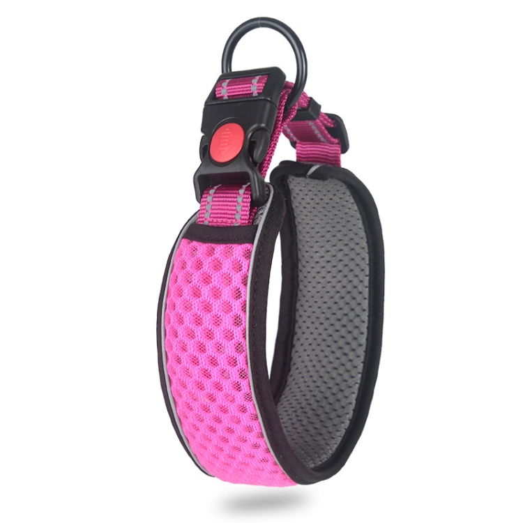 Honeycomb Net Dog Collar Neck Collar Breathable Reflective Anti-Strangle Collar L(Rose Red)