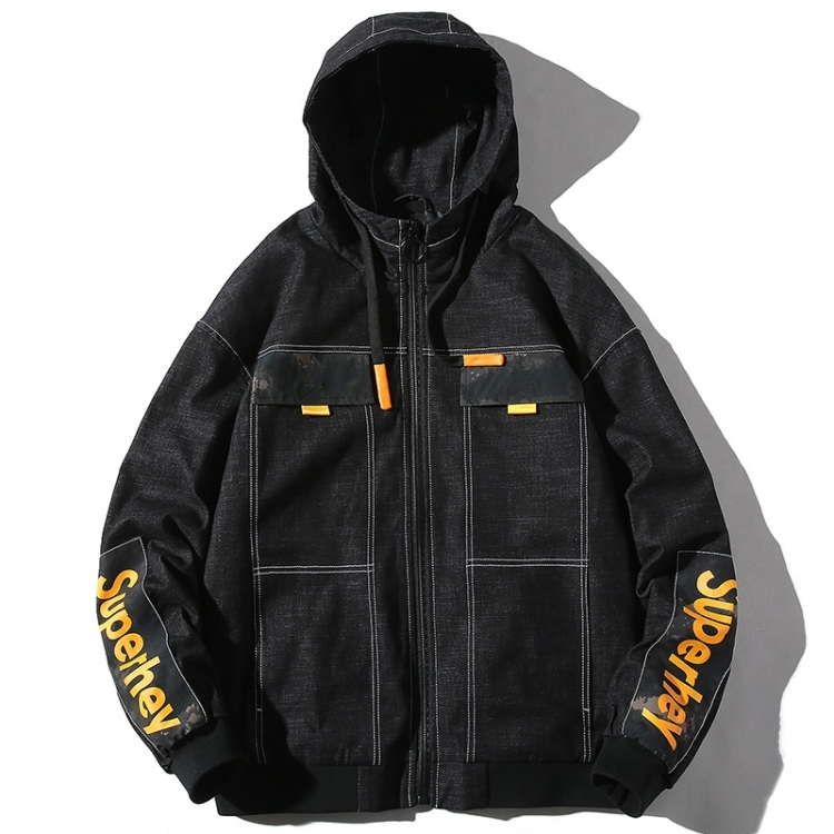 Hooded Casual Letter Print Tooling Denim Jacket for Men (Color:Black Size:XXXXL)