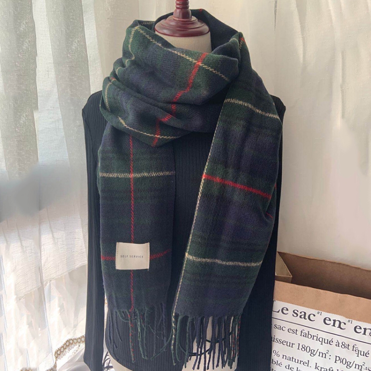 Imitation Cashmere Retro British Tassel Plaid Scarf Women Autumn And Winter Thick Warm Dual-Use Bib Shawl, Length (cm): 180cm(Tibetan Blue)