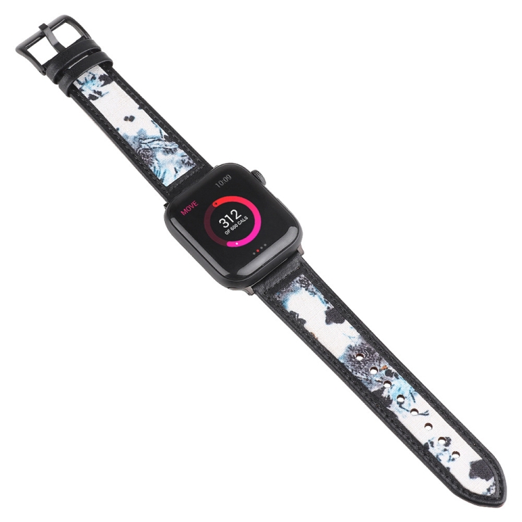 Ink Painting Leather Watch Band For Apple Watch Series 9&8&7 41mm / SE 3&SE 2&6&SE&5&4 40mm / 3&2&1 38mm(Blue)