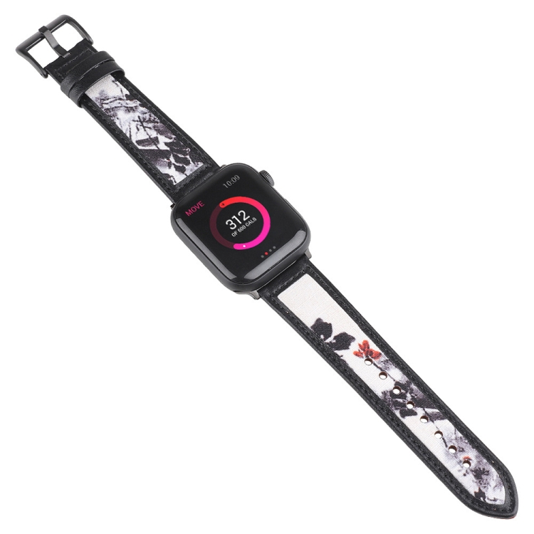 Ink Painting Leather Watch Band For Apple Watch Ultra 49mm&Watch Ultra 2 49mm / Series 9&8&7 45mm / SE 3&SE 2&6&SE&5&4 44mm / 3&2&1 42mm(Black)