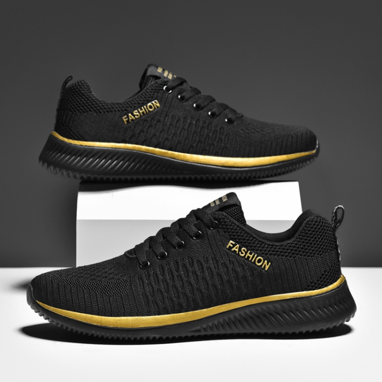 JD-9088 Autumn Fly Woven Soft Bottom Men Leisure Shoes Couple Running Shoes, Size: 43(Black Gold)