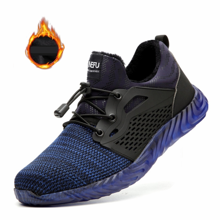 Jiefu Plush Flying Knitted Air Permeable Insulating Steel Head Anti Smashing And Anti Piercing Safety Shoes (Color:Blue Size:47)