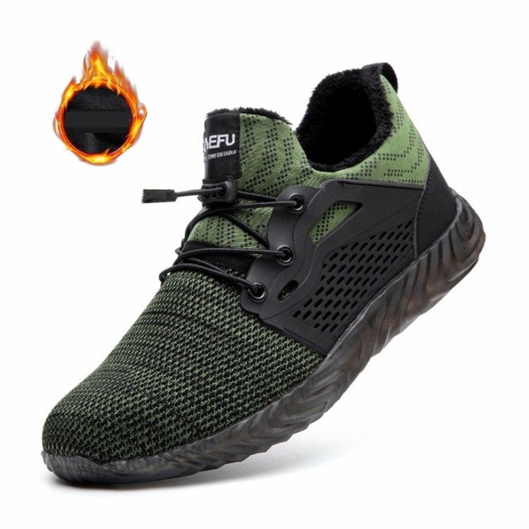 Jiefu Plush Flying Knitted Air Permeable Insulating Steel Head Anti Smashing And Anti Piercing Safety Shoes (Color:Green Size:42)