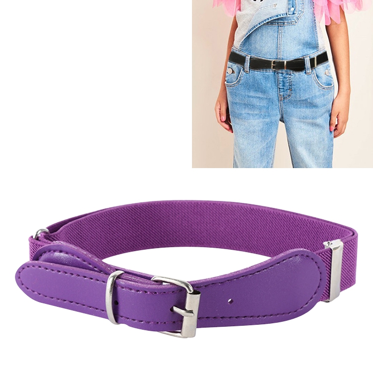 Kids Polyester + PU Leather Square Pin Buckle Adjustable Elastic Belt, Length:65cm(Purple)
