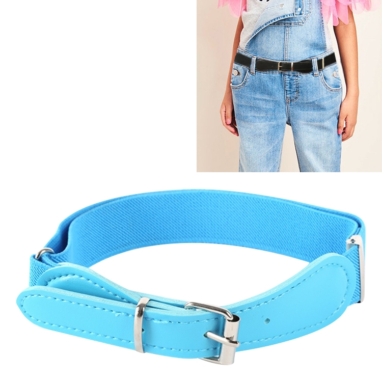 Kids Polyester + PU Leather Square Pin Buckle Adjustable Elastic Belt, Length:65cm(Sky Blue)