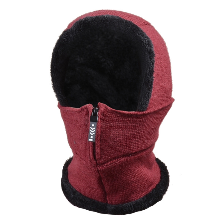 Knit Ear Protection Plus Velvet Thickening One-piece Hat Scarf Face Mask(Red Wine)