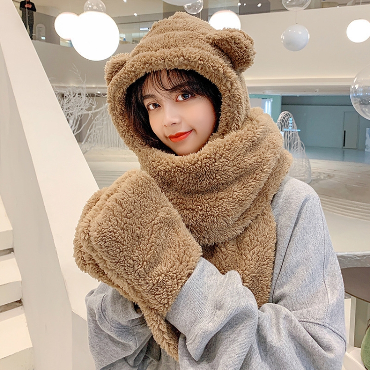 Ladies Autumn and Winter One-piece Plush Warm Bear Hat Scarf, Size: One Size(Three-purpose (Coffee Color))