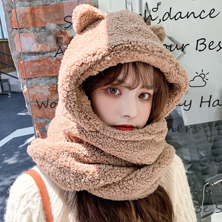Ladies Autumn and Winter One-piece Plush Warm Bear Hat Scarf, Size: One Size(Two-purpose (Coffee Color))