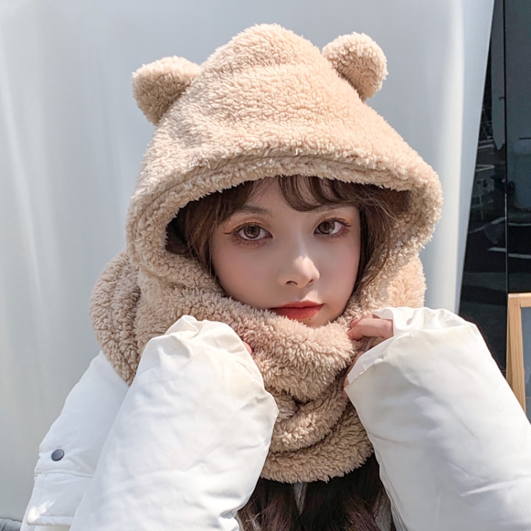 Ladies Autumn and Winter One-piece Plush Warm Bear Hat Scarf, Size: One Size(Two-purpose (Khaki))