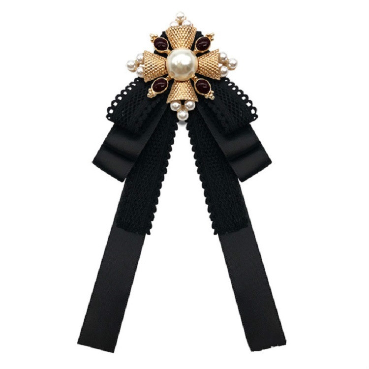 Ladies Court Style Cloth Brooch Lace Bow-knot Bow Tie Costume Accessories, Style:Pin Buckle Version(Black)