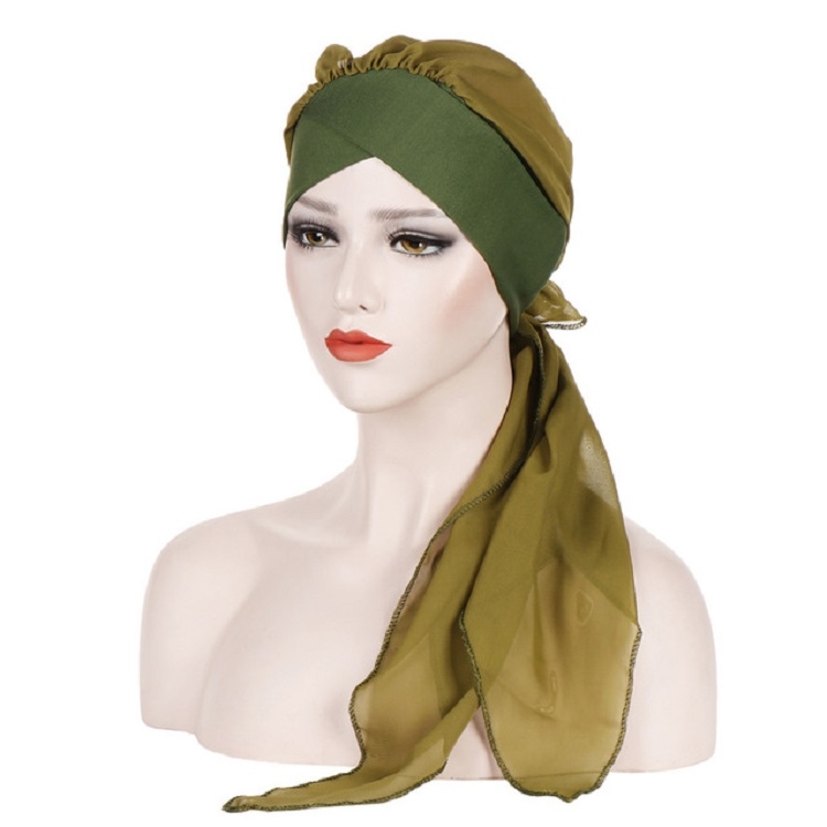Ladies Forehead Cross Chiffon Long Tail Cap Turban Hat, Size:One Size(Army Green)