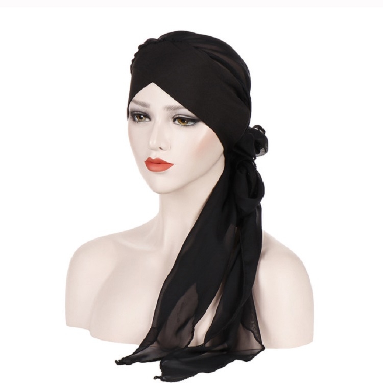 Ladies Forehead Cross Chiffon Long Tail Cap Turban Hat, Size:One Size(Black)