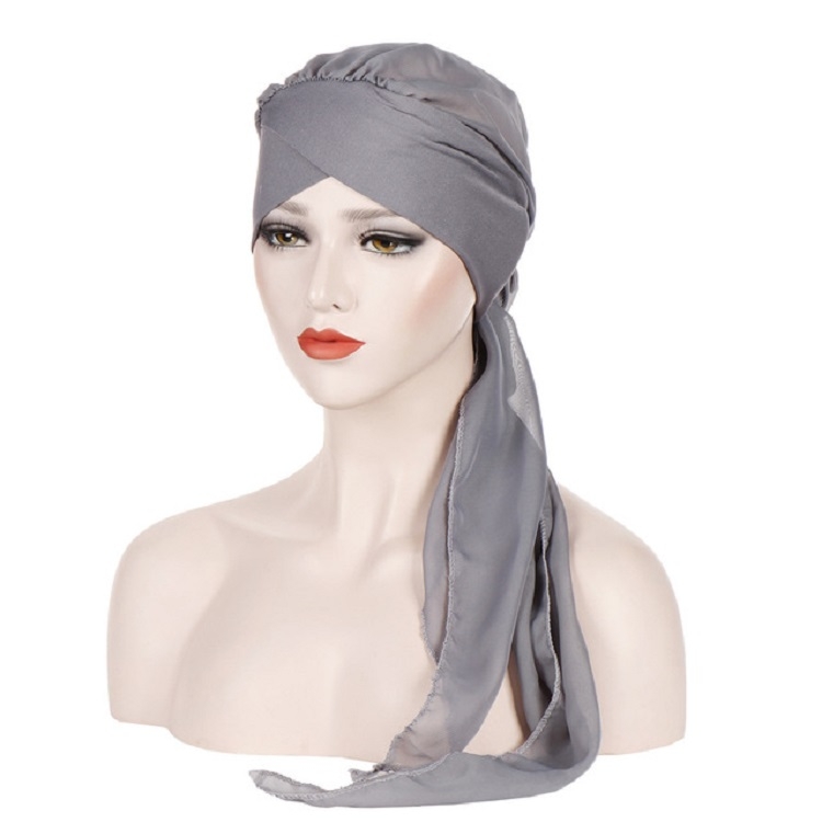 Ladies Forehead Cross Chiffon Long Tail Cap Turban Hat, Size:One Size(Gray)