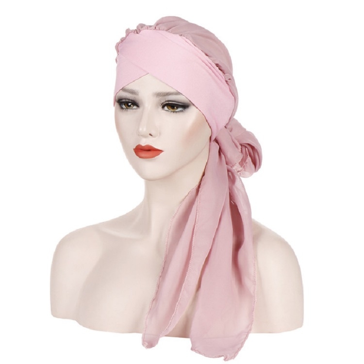 Ladies Forehead Cross Chiffon Long Tail Cap Turban Hat, Size:One Size(Pink)