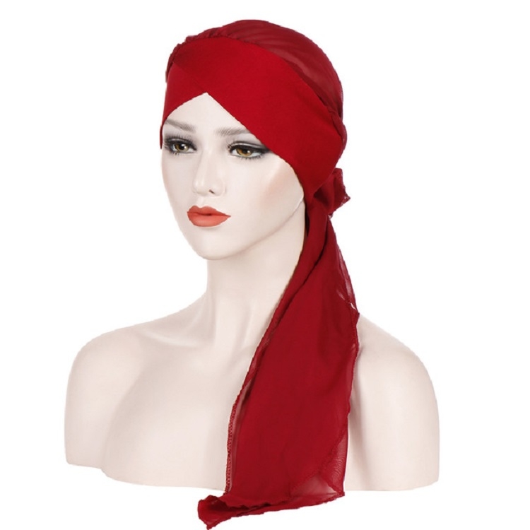 Ladies Forehead Cross Chiffon Long Tail Cap Turban Hat, Size:One Size(Red Wine)