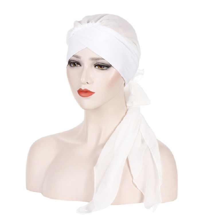Ladies Forehead Cross Chiffon Long Tail Cap Turban Hat, Size:One Size(White)