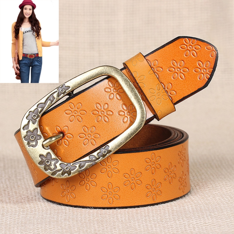 Ladies Plum Blossom Pattern Metal Buckle PU Leather Belt(Yellow brown)