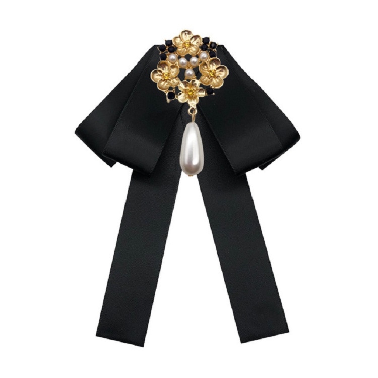 Ladies Retro Style Cloth Fabric Pearl Diamond Brooch Bow Tie Bow Clothing Accessories, Style:Pin Buckle Version(Black)