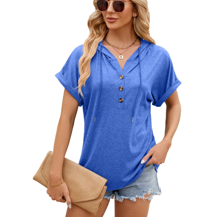 Ladies Summer Hooded Button Loose Short Sleeve T-Shirt Blouse, Size: L(Blue)