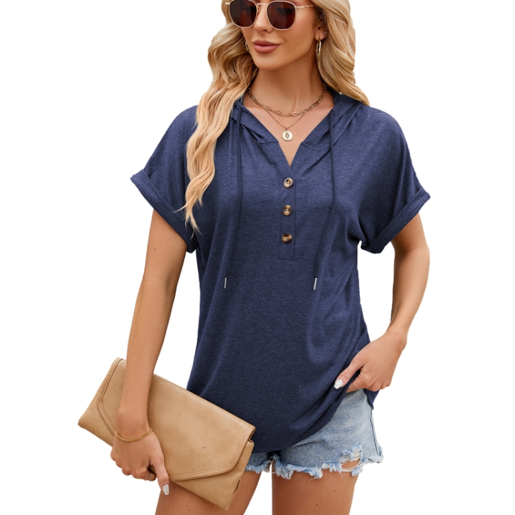 Ladies Summer Hooded Button Loose Short Sleeve T-Shirt Blouse, Size: L(Navy)
