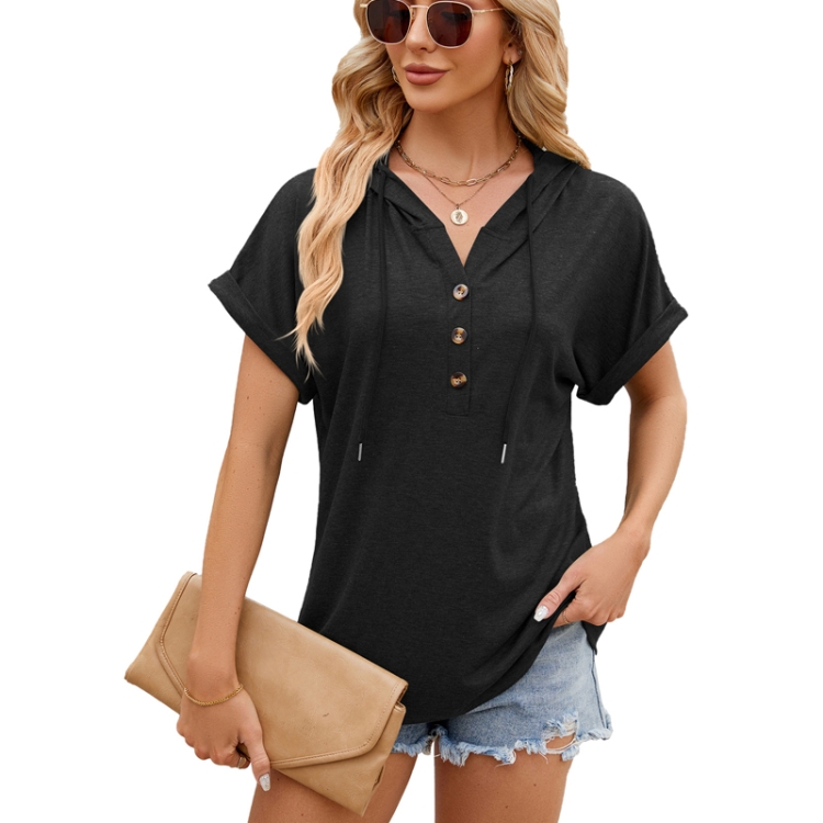 Ladies Summer Hooded Button Loose Short Sleeve T-Shirt Blouse, Size: M(Black)