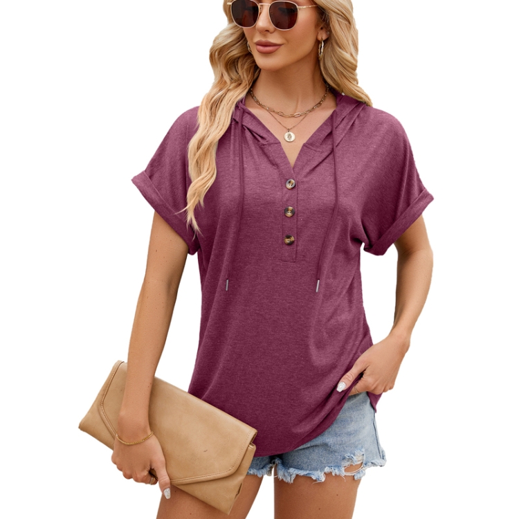 Ladies Summer Hooded Button Loose Short Sleeve T-Shirt Blouse, Size: XL(Wine Red)