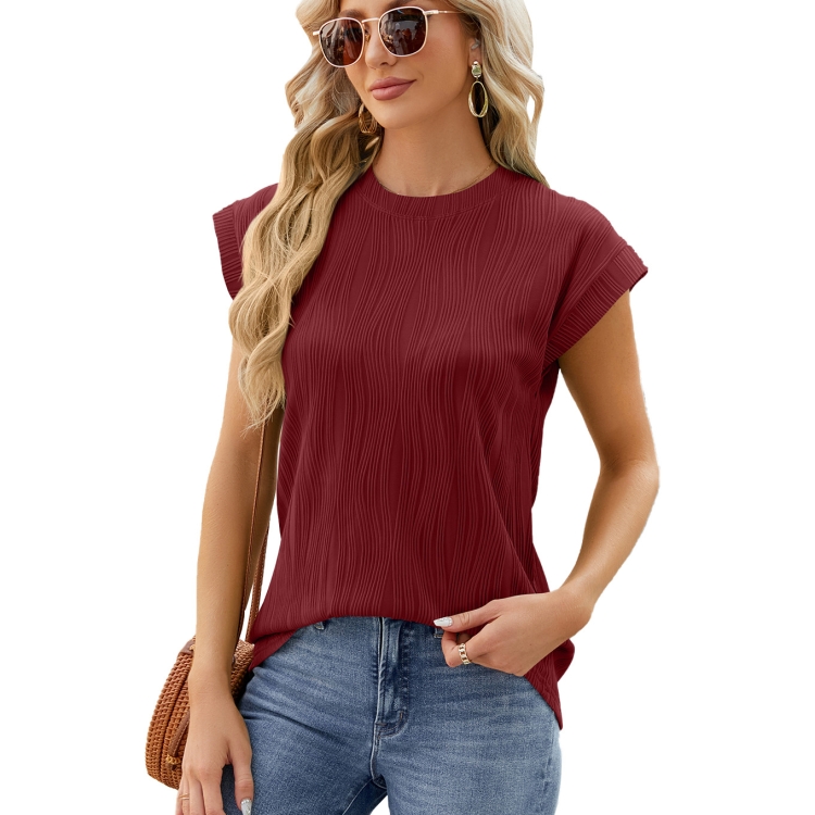 Ladies Summer Round Neck Loose Short Sleeve T-Shirt, Size: M(Wine Red)