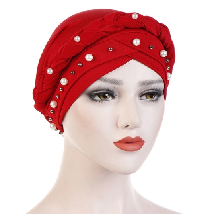 Ladies Turban Cap Milk Silk Single Braid Cap Rivet White Pearl Hooded Cap, Size:58cm(Red)