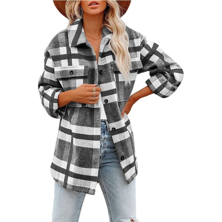 Lapel Long Sleeve Flannel Check Shirt Loose Casual Cardigan Jacket for Ladies (Color:Black And White Size:L)
